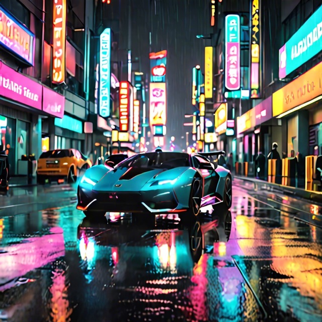 A futuristic neon city at night in the rain