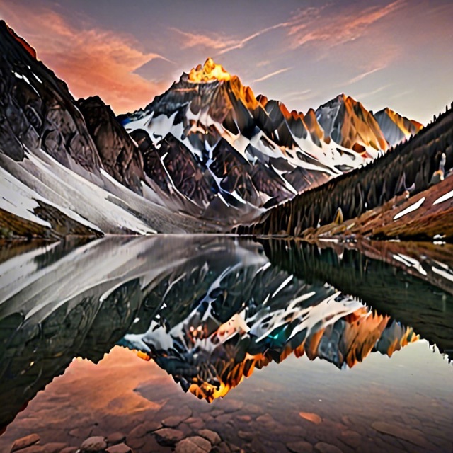 Snowy mountains at sunrise reflected in a lake