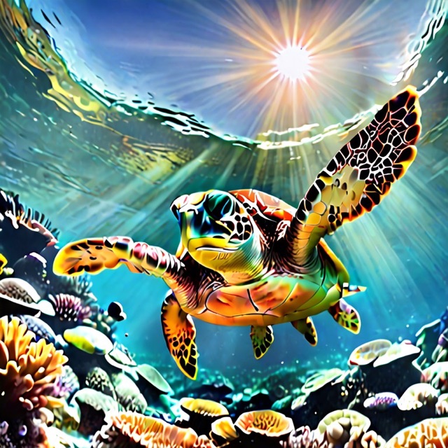 A sea turtle over a vibrant coral reef